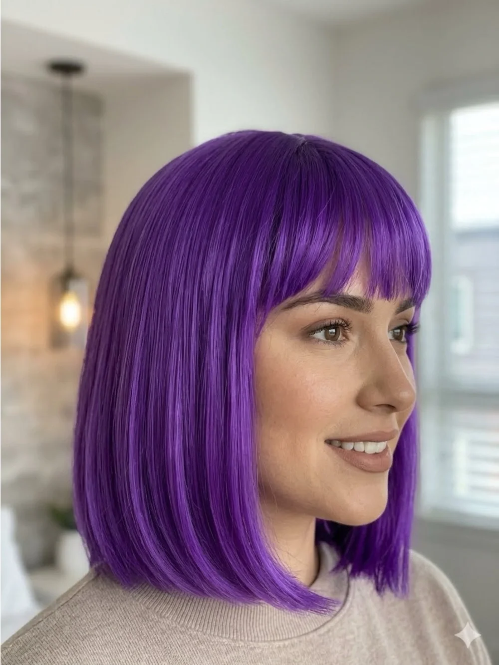 Sleek Purple Synthetic Bob Wig with Bangs - Women Hair Wig